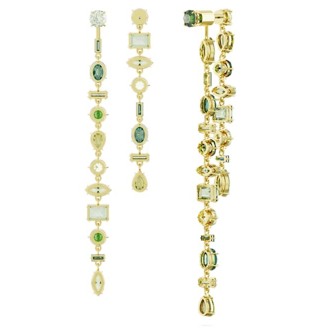 Pendientes colgantes Gema: diseño asimétrico, cortes variados, extralargos, verdes, chapados en tono dorado Pendientes colgantes Gema: diseño asimétrico, cortes variados, extralargos, verdes, chapados en tono dorado