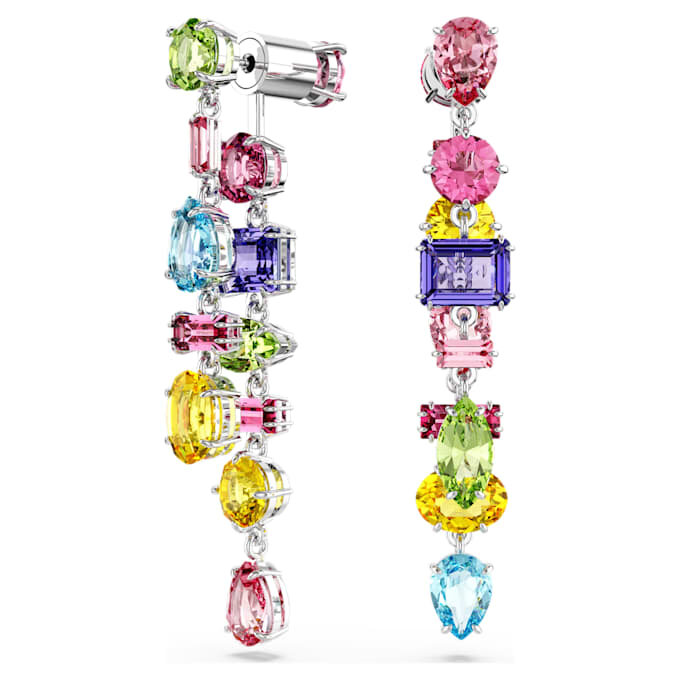 Pendientes colgantes Gema: diseño asimétrico, cortes variados, largos, multicolores, chapados en rodio Pendientes colgantes Gema: diseño asimétrico, cortes variados, largos, multicolores, chapados en rodio