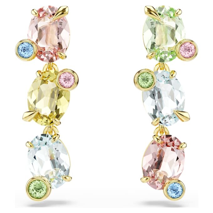 Pendientes colgantes Gema: diseño asimétrico, cortes variados, multicolores, chapados en tono dorado Pendientes colgantes Gema: diseño asimétrico, cortes variados, multicolores, chapados en tono dorado
