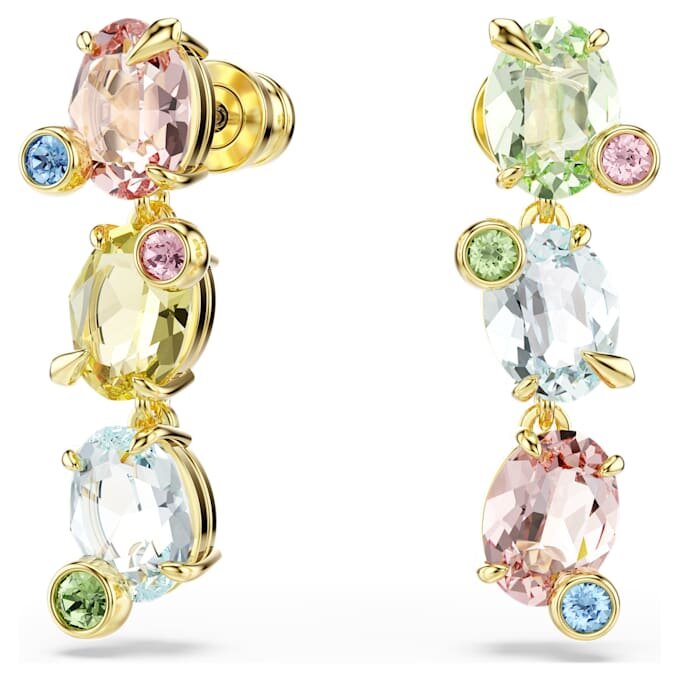 Pendientes colgantes Gema: diseño asimétrico, cortes variados, multicolores, chapados en tono dorado Pendientes colgantes Gema: diseño asimétrico, cortes variados, multicolores, chapados en tono dorado