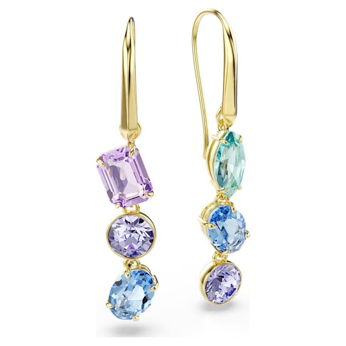 Pendientes colgantes Gema: diseño asimétrico, cortes variados, multicolores, chapados en tono dorado Pendientes colgantes Gema: diseño asimétrico, cortes variados, multicolores, chapados en tono dorado