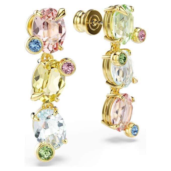 Pendientes colgantes Gema: diseño asimétrico, cortes variados, multicolores, chapados en tono dorado Pendientes colgantes Gema: diseño asimétrico, cortes variados, multicolores, chapados en tono dorado