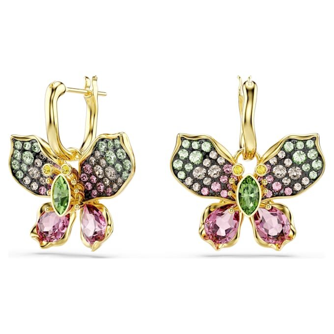 Pendientes colgantes Idyllia con cortes variados, pavé, mariposa, multicolor, chapado en tono dorado Pendientes colgantes Idyllia con cortes variados, pavé, mariposa, multicolor, chapado en tono dorado