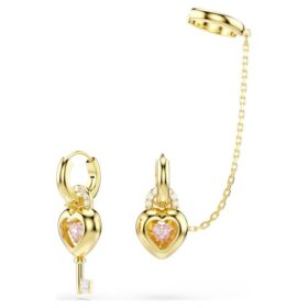Pendientes colgantes Idyllia con ear cuff de cortes variados, corazón con llave, rosa, chapados en tono dorado