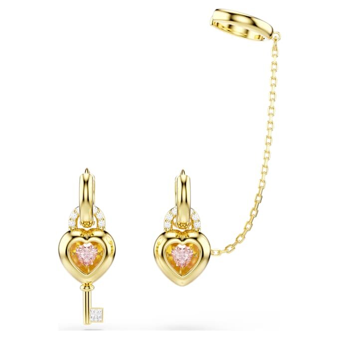 Pendientes colgantes Idyllia con ear cuff de cortes variados, corazón con llave, rosa, chapados en tono dorado Pendientes colgantes Idyllia con ear cuff de cortes variados, corazón con llave, rosa, chapados en tono dorado