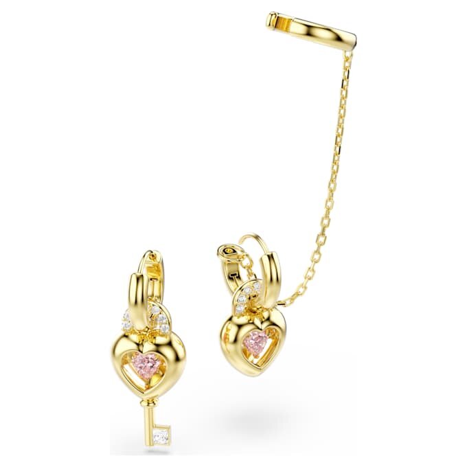 Pendientes colgantes Idyllia con ear cuff de cortes variados, corazón con llave, rosa, chapados en tono dorado Pendientes colgantes Idyllia con ear cuff de cortes variados, corazón con llave, rosa, chapados en tono dorado