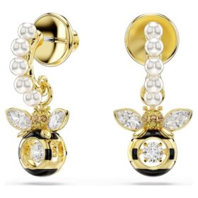 Pendientes colgantes Idyllia con perlas de cristal, cortes variados, abeja, multicolores, chapados en tono dorado
