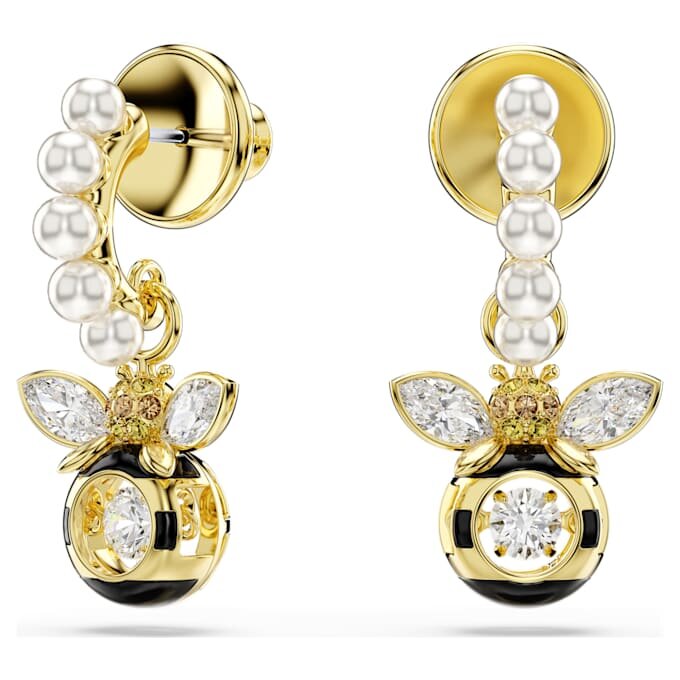 Pendientes colgantes Idyllia con perlas de cristal, cortes variados, abeja, multicolores, chapados en tono dorado Pendientes colgantes Idyllia con perlas de cristal, cortes variados, abeja, multicolores, chapados en tono dorado