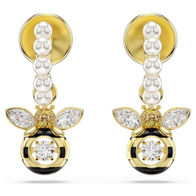 Pendientes colgantes Idyllia con perlas de cristal, cortes variados, abeja, multicolores, chapados en tono dorado Pendientes colgantes Idyllia con perlas de cristal, cortes variados, abeja, multicolores, chapados en tono dorado