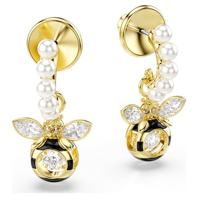 Pendientes colgantes Idyllia con perlas de cristal, cortes variados, abeja, multicolores, chapados en tono dorado Pendientes colgantes Idyllia con perlas de cristal, cortes variados, abeja, multicolores, chapados en tono dorado