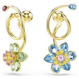 Pendientes colgantes Idyllia: diseño asimétrico, cortes variados, forma de flor, multicolores, chapados en tono dorado