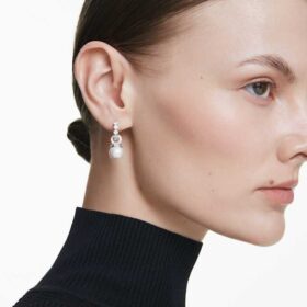 Pendientes colgantes Matrix con perla de cristal, talla redonda, blancos, chapados en rodio