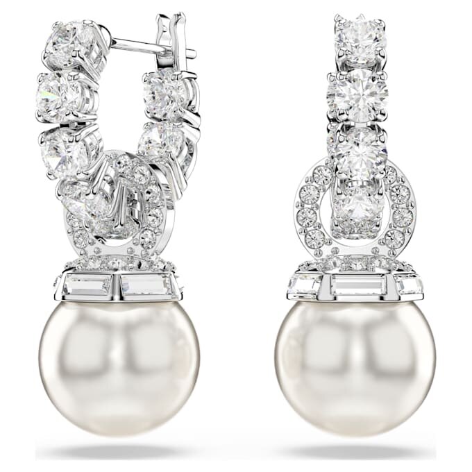 Pendientes colgantes Matrix con perla de cristal, talla redonda, blancos, chapados en rodio Pendientes colgantes Matrix con perla de cristal, talla redonda, blancos, chapados en rodio