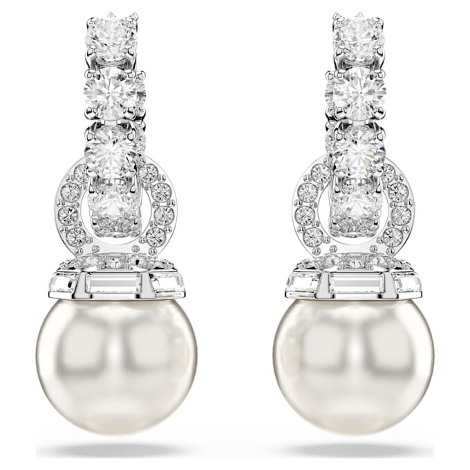 Pendientes colgantes Matrix con perla de cristal, talla redonda, blancos, chapados en rodio Pendientes colgantes Matrix con perla de cristal, talla redonda, blancos, chapados en rodio