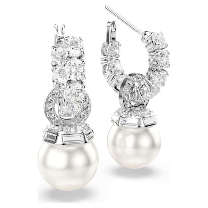 Pendientes colgantes Matrix con perla de cristal, talla redonda, blancos, chapados en rodio Pendientes colgantes Matrix con perla de cristal, talla redonda, blancos, chapados en rodio