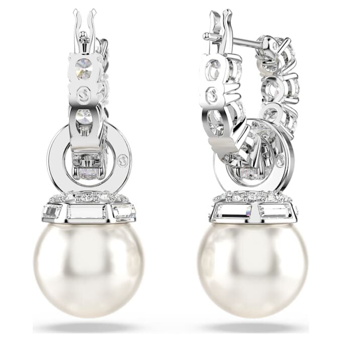 Pendientes colgantes Matrix con perla de cristal, talla redonda, blancos, chapados en rodio Pendientes colgantes Matrix con perla de cristal, talla redonda, blancos, chapados en rodio