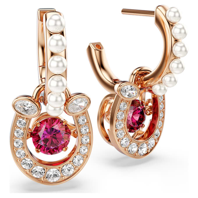 Pendientes colgantes Symbolica con perla de cristal, corte redondo, pavé, herradura, rojo, chapados en tono oro rosa Pendientes colgantes Symbolica con perla de cristal, corte redondo, pavé, herradura, rojo, chapados en tono oro rosa