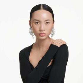 Pendientes Constella con perla de cristal, corte redondo, blancos, chapados en rodio
