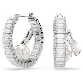Pendientes de aro Ariana Grande x Swarovski con perlas de cristal, corte baguette, blancos y chapados en rodio