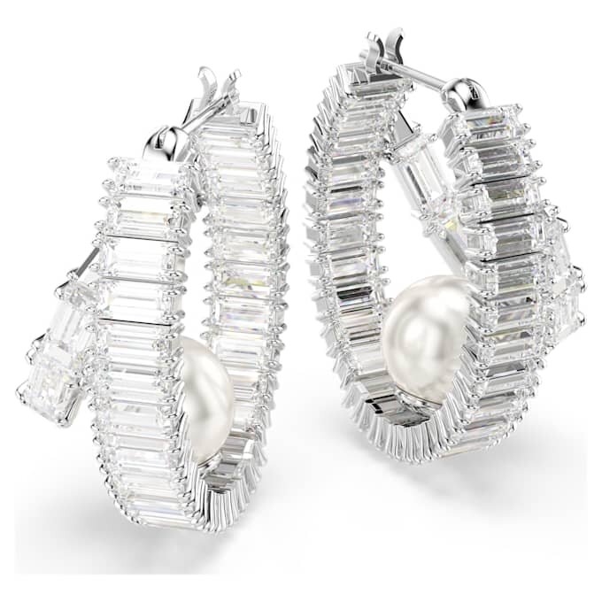 Pendientes de aro Ariana Grande x Swarovski con perlas de cristal, corte baguette, blancos y chapados en rodio Pendientes de aro Ariana Grande x Swarovski con perlas de cristal, corte baguette, blancos y chapados en rodio