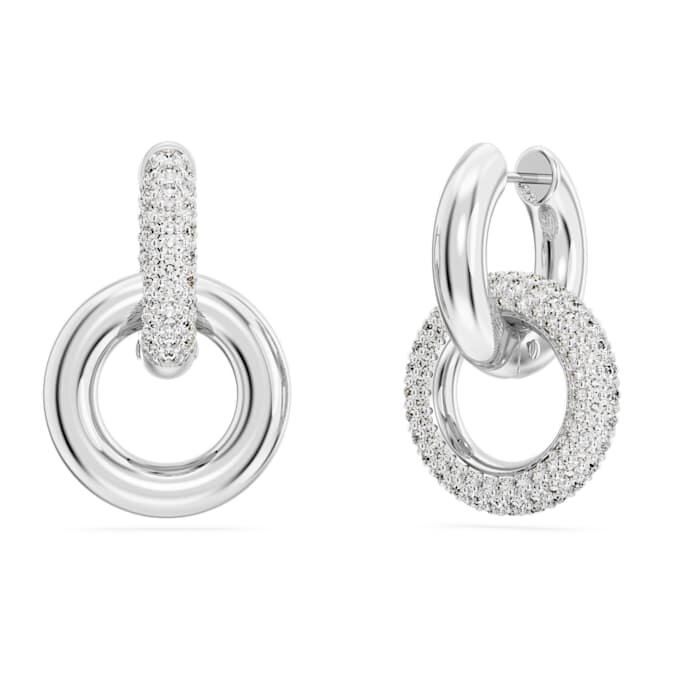 Pendientes de aro Dextera, diseño asimétrico, aros entrelazados, blancos, chapados en rodio Pendientes de aro Dextera, diseño asimétrico, aros entrelazados, blancos, chapados en rodio