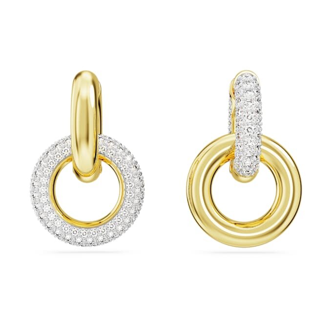 Pendientes de aro Dextera, diseño asimétrico, aros entrelazados, blancos, chapados en tono dorado Pendientes de aro Dextera, diseño asimétrico, aros entrelazados, blancos, chapados en tono dorado