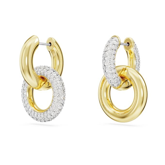 Pendientes de aro Dextera, diseño asimétrico, aros entrelazados, blancos, chapados en tono dorado Pendientes de aro Dextera, diseño asimétrico, aros entrelazados, blancos, chapados en tono dorado