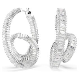 Pendientes de aro Matrix con corte baguette, forma de cinta, blancos, chapados en rodio Pendientes de aro Matrix con corte baguette, forma de cinta, blancos, chapados en rodio