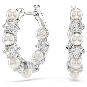 Pendientes de aro Matrix con perla de cristal, corte redondo, blancos, chapados en rodio