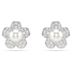 Pendientes de botón Ariana Grande X Swarovski: perla de cristal, corte redondo, flor, blanco, chapado en rodio