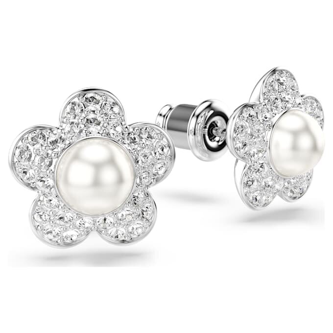 Pendientes de botón Ariana Grande X Swarovski: perla de cristal, corte redondo, flor, blanco, chapado en rodio Pendientes de botón Ariana Grande X Swarovski: perla de cristal, corte redondo, flor, blanco, chapado en rodio