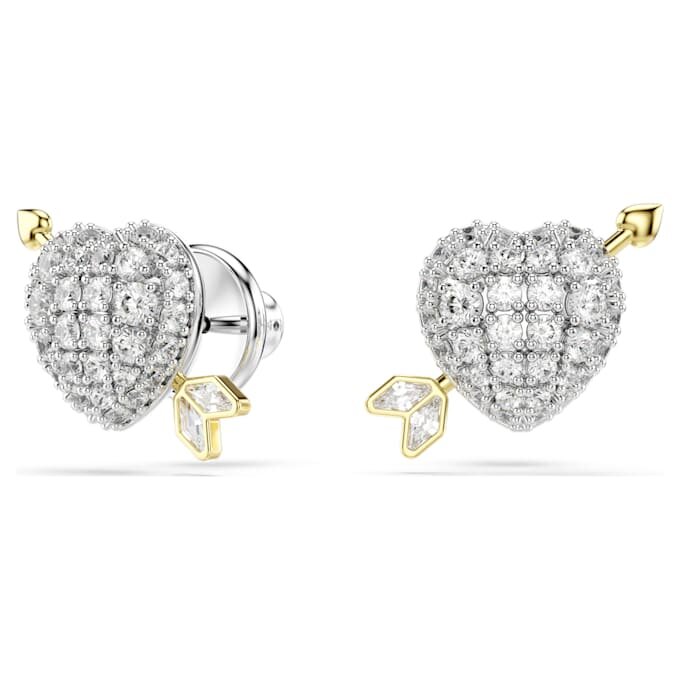 Pendientes de botón Idyllia con cortes variados, corazón con flecha, blancos, acabado en metales mixtos Pendientes de botón Idyllia con cortes variados, corazón con flecha, blancos, acabado en metales mixtos