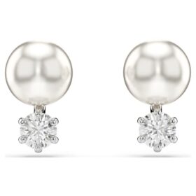 Pendientes de botón Matrix con perla de cristal, corte redondo, blancos, chapados en rodio