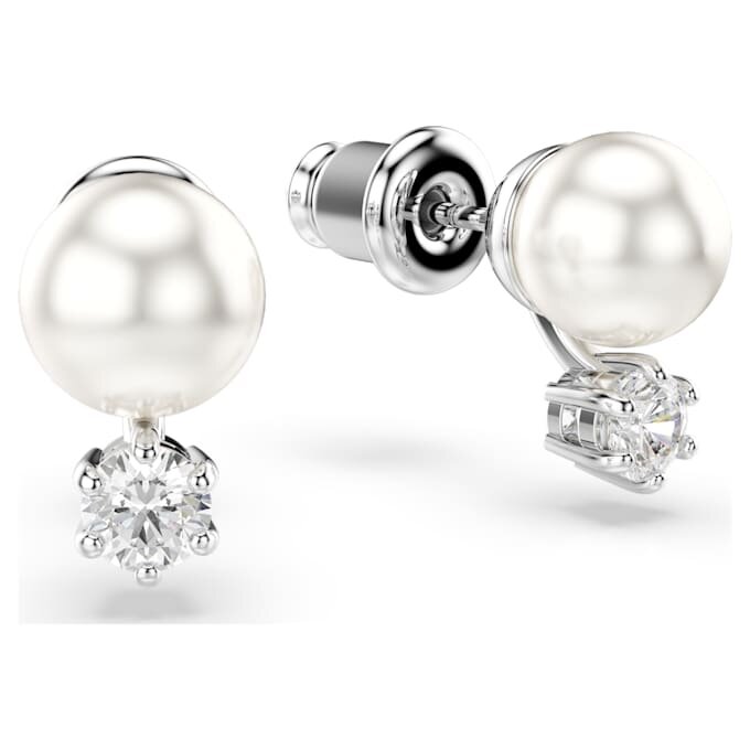 Pendientes de botón Matrix con perla de cristal, corte redondo, blancos, chapados en rodio Pendientes de botón Matrix con perla de cristal, corte redondo, blancos, chapados en rodio