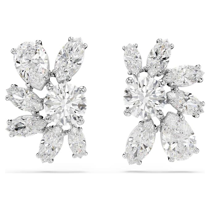 Pendientes de botón Mesmera con cortes variados, flor, blancos, chapados en rodio Pendientes de botón Mesmera con cortes variados, flor, blancos, chapados en rodio