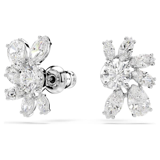 Pendientes de botón Mesmera con cortes variados, flor, blancos, chapados en rodio Pendientes de botón Mesmera con cortes variados, flor, blancos, chapados en rodio