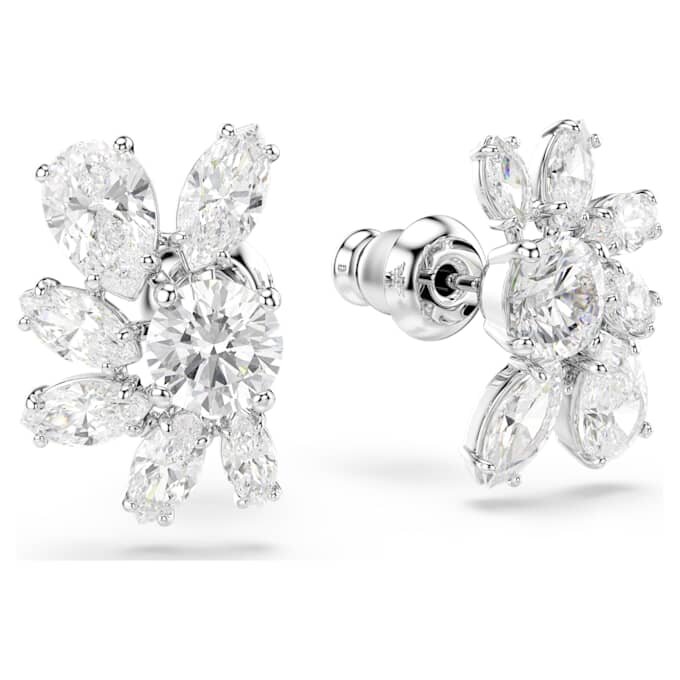 Pendientes de botón Mesmera con cortes variados, flor, blancos, chapados en rodio Pendientes de botón Mesmera con cortes variados, flor, blancos, chapados en rodio