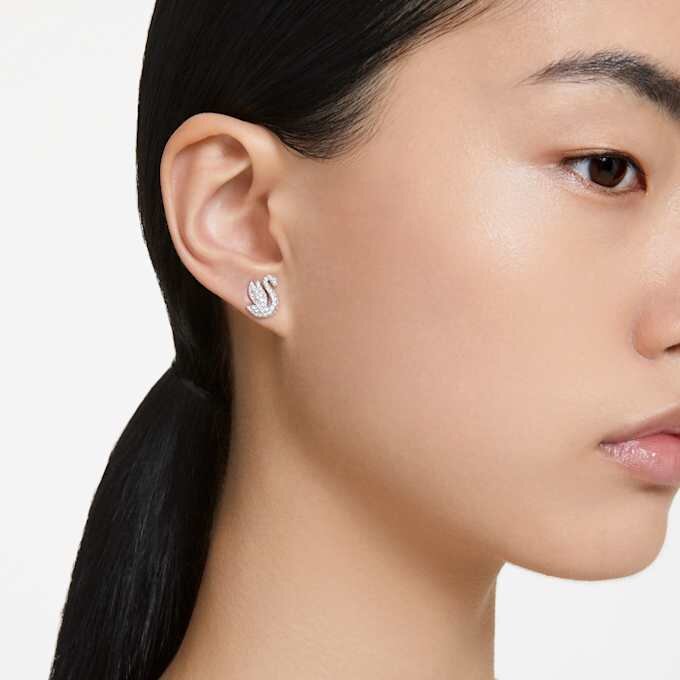 Pendientes de botón «Swan» (cisne), blancos, chapados en rodio Pendientes de botón «Swan» (cisne), blancos, chapados en rodio