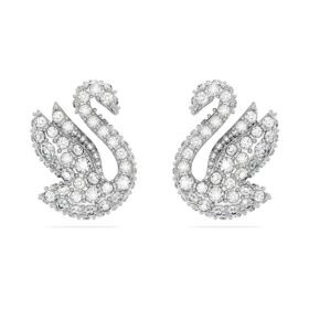 Pendientes de botón «Swan» (cisne), blancos, chapados en rodio