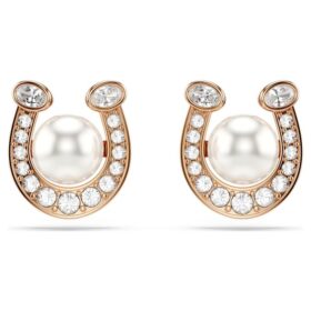 Pendientes de botón Symbolica con perla de cristal, pavé, herradura, blancos, chapados en tono oro rosa