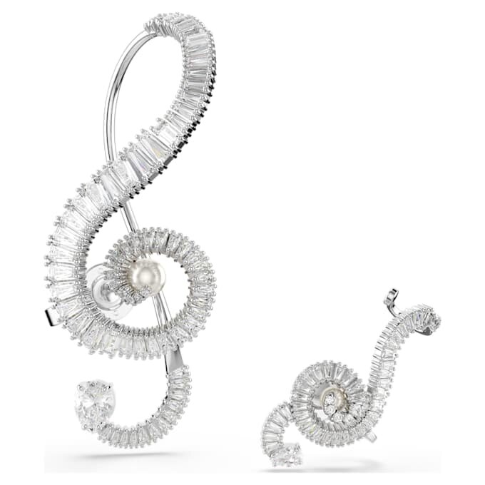 Pendientes de clip Ariana Grande x Swarovski: diseño asimétrico, perla de cristal, corte baguette, blanco, chapado en rodio Pendientes de clip Ariana Grande x Swarovski: diseño asimétrico, perla de cristal, corte baguette, blanco, chapado en rodio