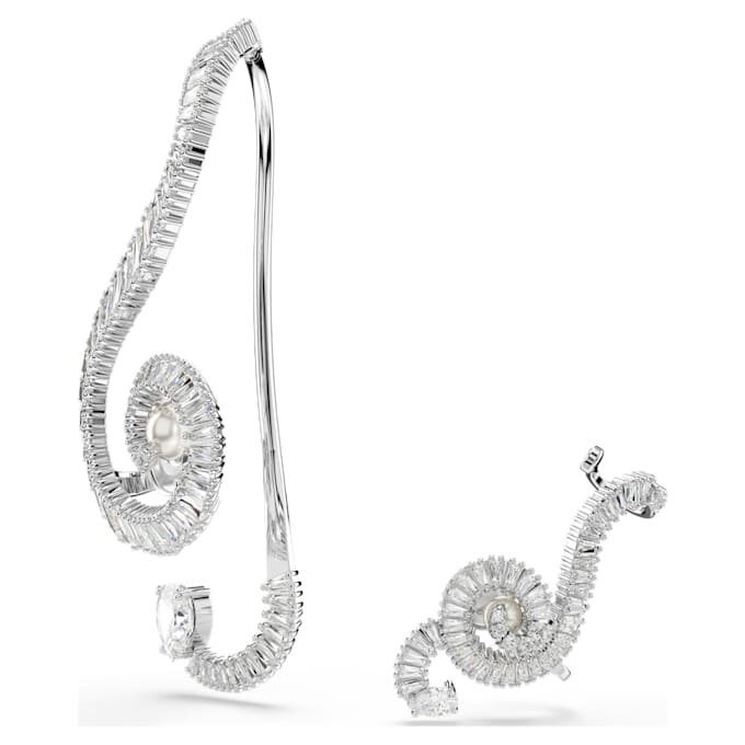Pendientes de clip Ariana Grande x Swarovski: diseño asimétrico, perla de cristal, corte baguette, blanco, chapado en rodio Pendientes de clip Ariana Grande x Swarovski: diseño asimétrico, perla de cristal, corte baguette, blanco, chapado en rodio