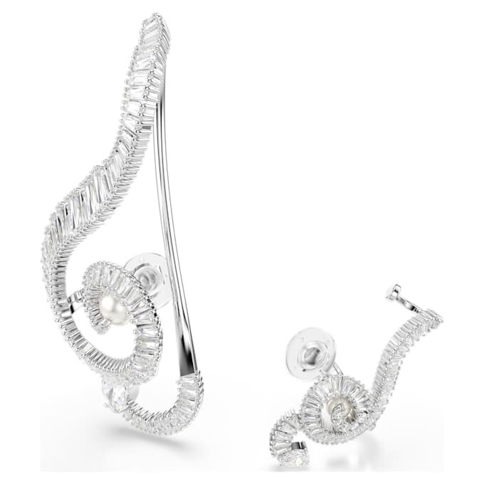 Pendientes de clip Ariana Grande x Swarovski: diseño asimétrico, perla de cristal, corte baguette, blanco, chapado en rodio Pendientes de clip Ariana Grande x Swarovski: diseño asimétrico, perla de cristal, corte baguette, blanco, chapado en rodio