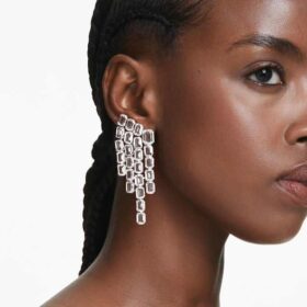 Pendientes de clip Millenia, corte octogonal, estilo candelabro, blancos, chapados en rodio