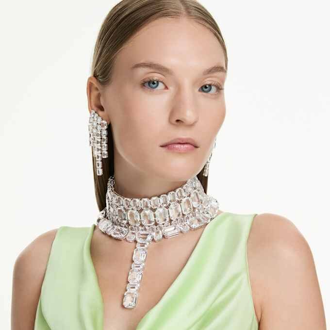 Pendientes de clip Millenia, corte octogonal, estilo candelabro, blancos, chapados en rodio Pendientes de clip Millenia, corte octogonal, estilo candelabro, blancos, chapados en rodio