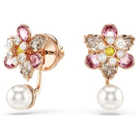 Pendientes Idyllia con perlas de cristal, cortes variados, forma de flor, multicolores, chapados en tono oro rosa