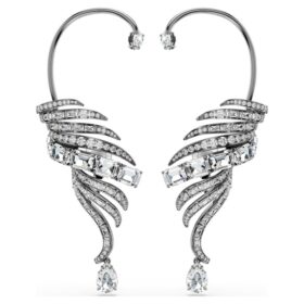 Pendientes tipo «ear cuff» de la colección Vienna con plumas, grandes, blancos, chapados en rutenio