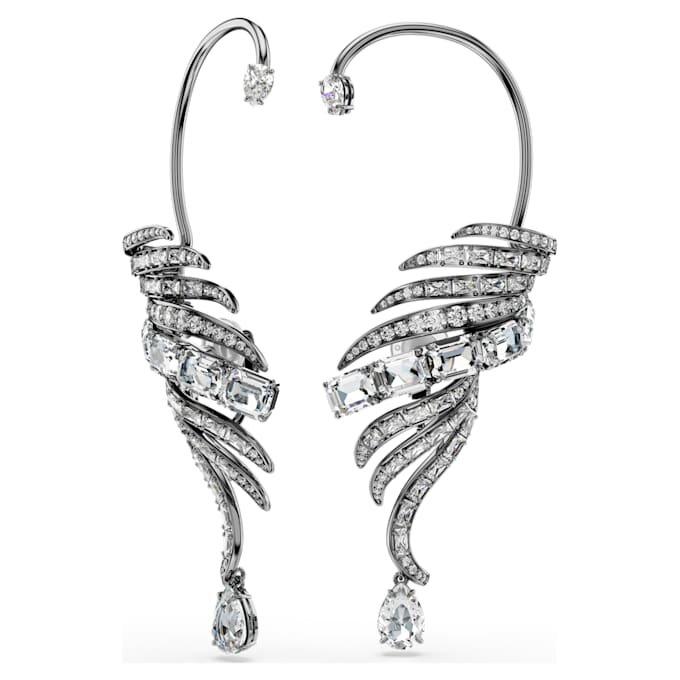 Pendientes tipo «ear cuff» de la colección Vienna con plumas, grandes, blancos, chapados en rutenio Pendientes tipo «ear cuff» de la colección Vienna con plumas, grandes, blancos, chapados en rutenio