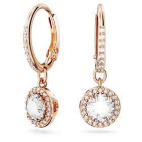 Pendientes Una Angelic Drop, corte redondo, pavé, blancos, chapados en tono oro rosa