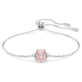 Pulseras con piedra natal de corte cuadrado, junio, rosa, chapada en rodio